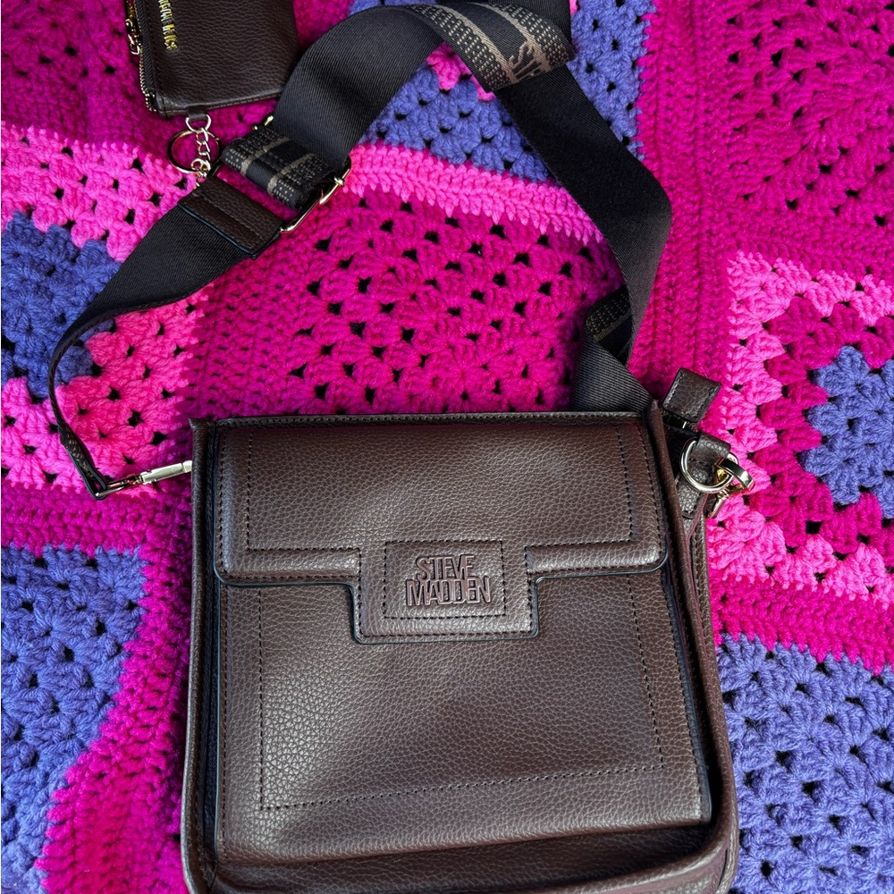 Steve Madden Brown Leather Messenger Bag with Metallic Accents